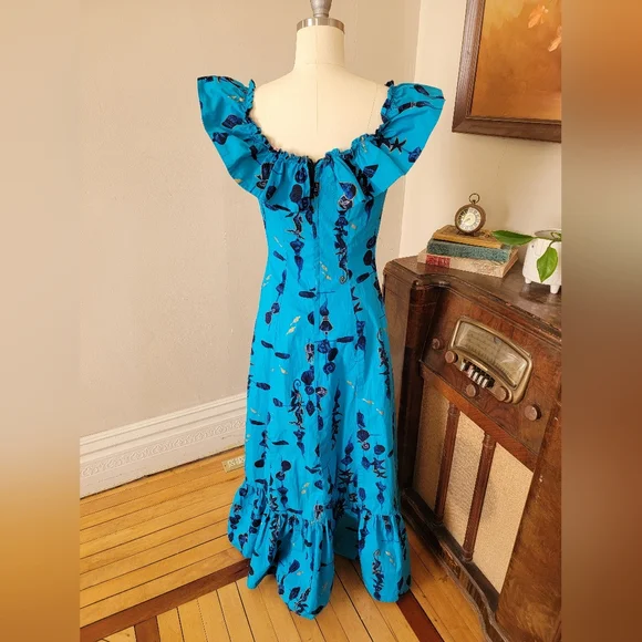 Vintage Blue Hawaiian Mid Century Seahorse Print Maxi Dress Ruffle Medium - Picture 8 of 11